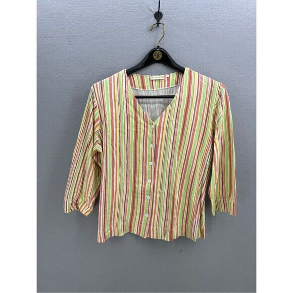 Lulu-B Womens Multicolor Striped V-Neck Button Down Cotton Blouse Size Large - Picture 7 of 7